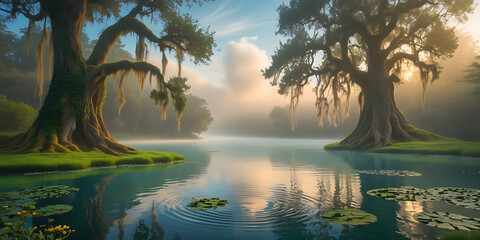 A breathtakingly beautiful nature background wallpaper featuring a majestic lake, serene, and intriguing scene that exudes tranquility, with lush, emerald-green foliage. create by generative ai