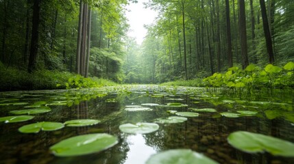 Fototapeta premium Tranquil forest stream with lily pads