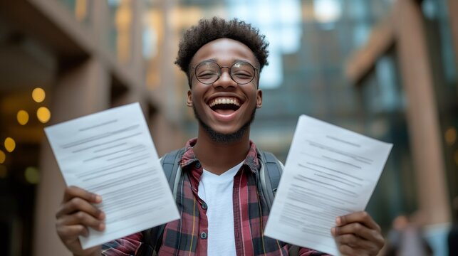 Happy student holding university acceptance letter and smiling