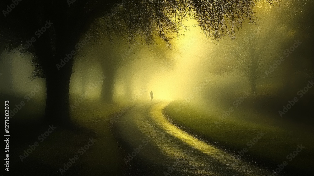 Poster mysterious figure walking down a foggy path surrounded by enigmatic atmosphere