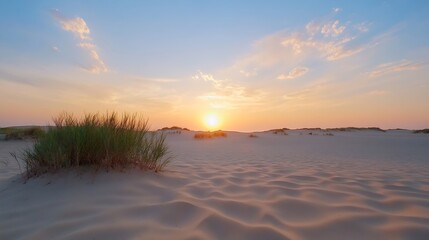 Fototapeta premium Stunning sunset view over sandy dunes with vibrant colors and silhouettes of grass against the horizon : Generative AI
