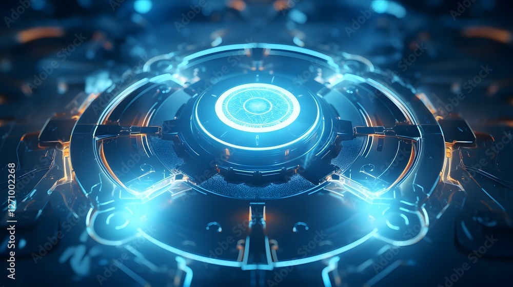 Poster futuristic digital of a glowing radioactive symbol surrounded by high tech energy waves in a sci fi 