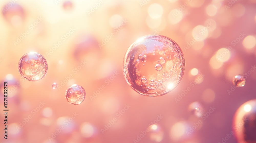 Poster abstract image of floating shiny spheres in soft peach and orange light.