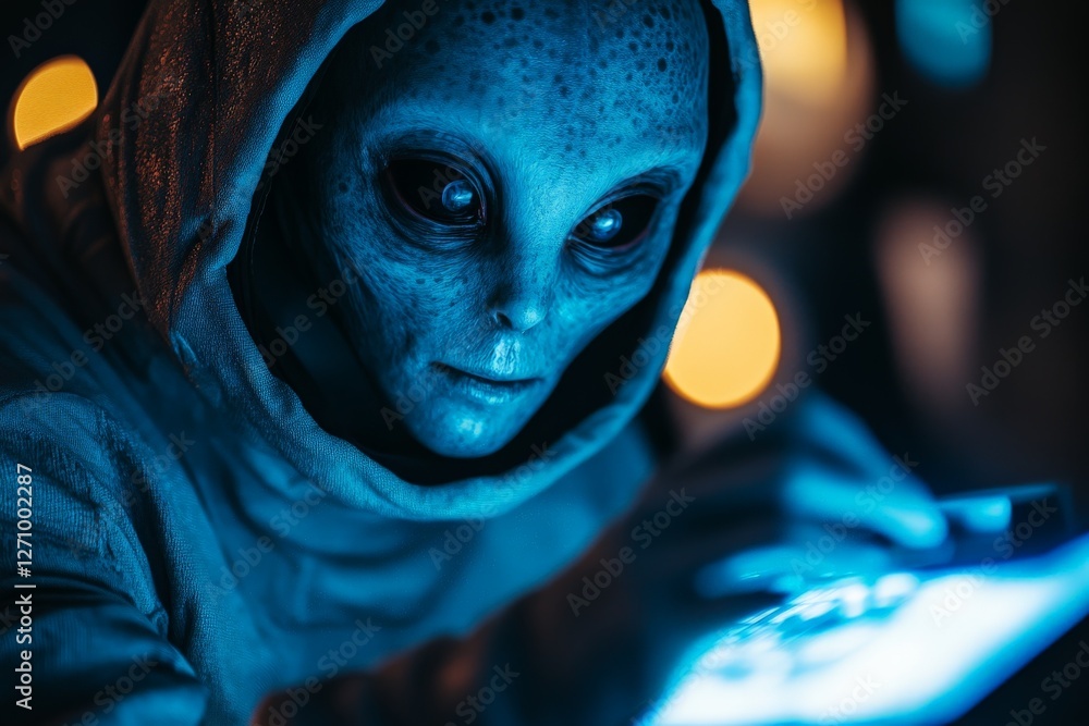 Poster alien figure using a tablet in a mysterious environment with blue lighting and glowing orbs in the b