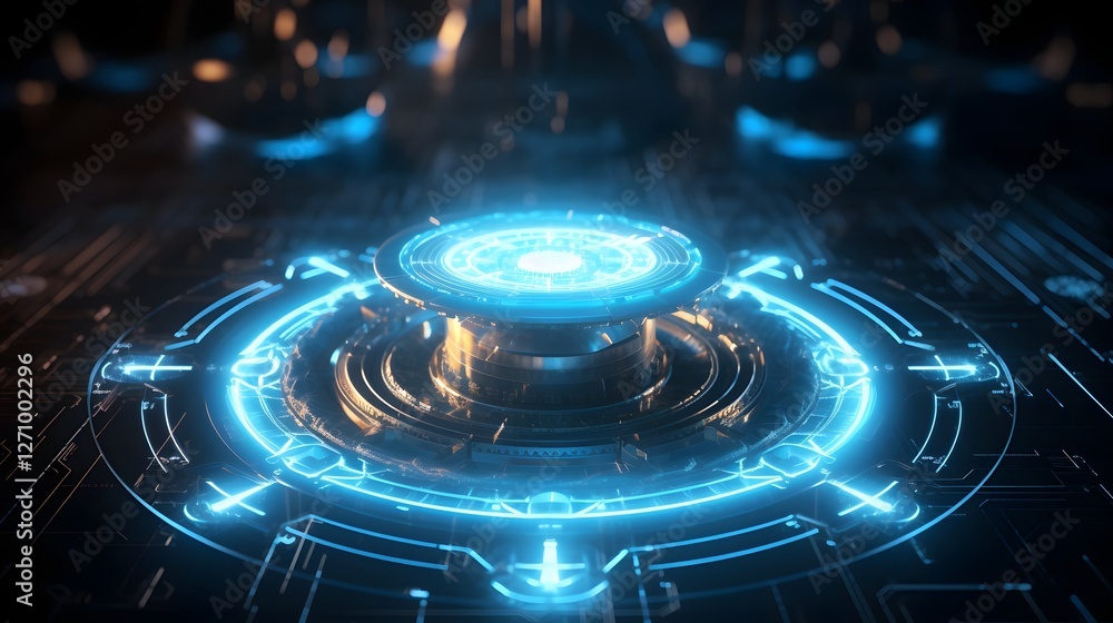 Poster a striking visual representation of a futuristic glowing radioactive symbol surrounded by a dynamic 