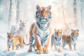 Obraz premium Majestic tigers in snowy winter forest