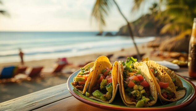 Delicious tacos on a plate at a beachside restaurant, overlooking the ocean at sunset.
