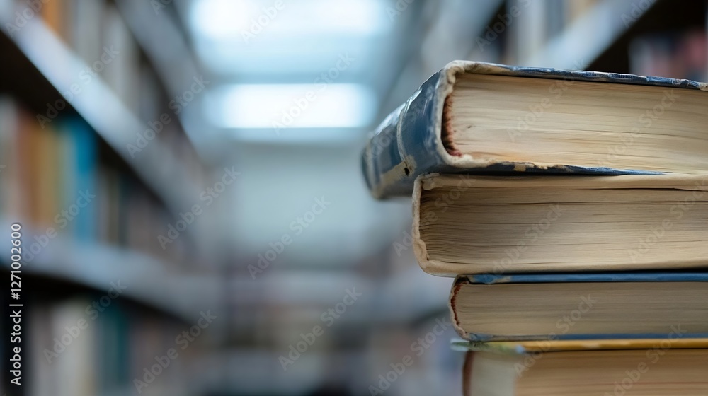 Poster Books stacked on a shelf in a library create a cozy atmosphere for reading and studying : Generative AI