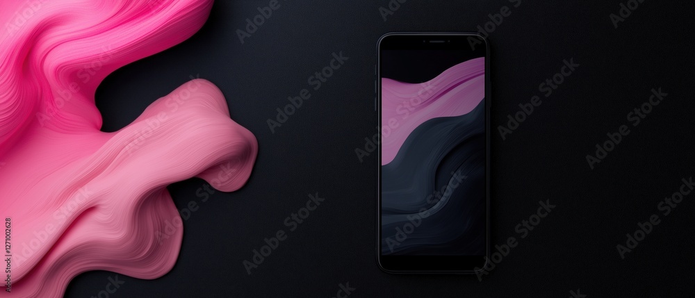 Poster digital illustration of a smartphone on a black background. the phone is on the right side of the im
