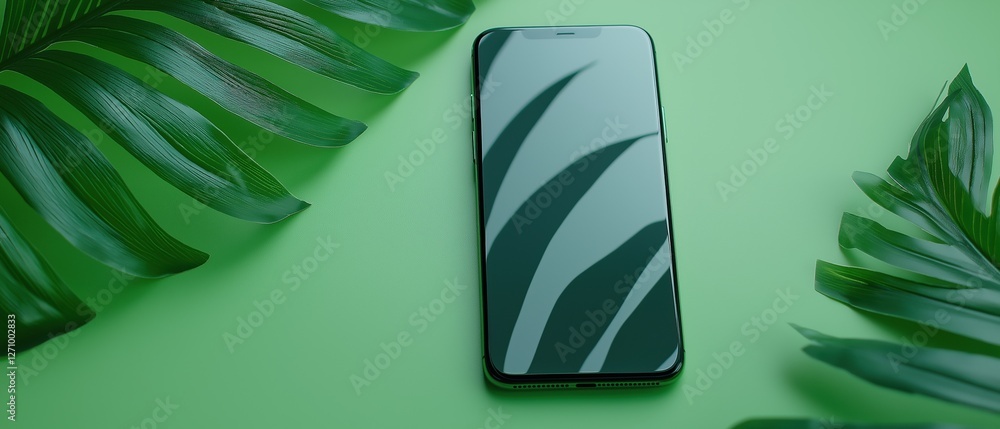 Poster smartphone lying on a green background. the phone is in the center of the image and is facing toward