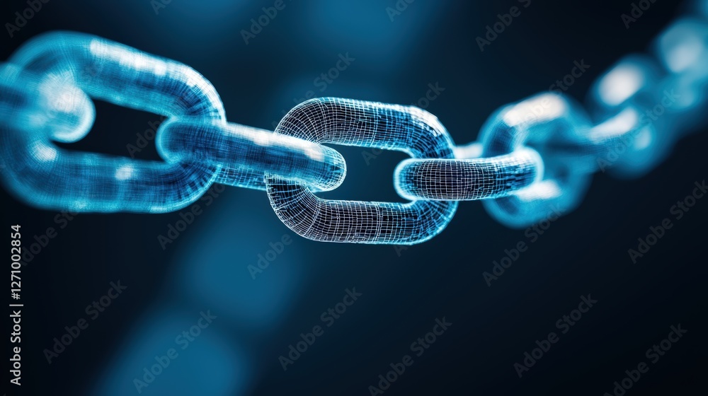 Poster a close-up view of a digital chain link, showcasing a futuristic design with glowing elements agains