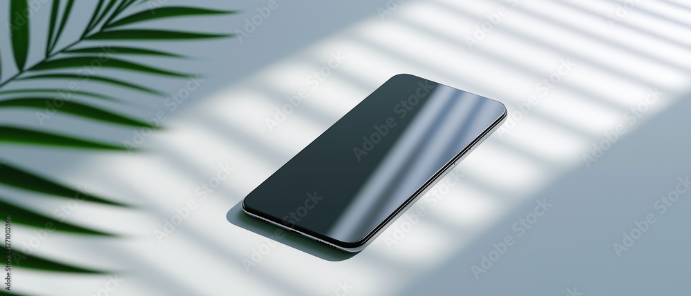 Aufkleber black smartphone lying on a light blue surface with a palm leaf on the left side. the phone is in th