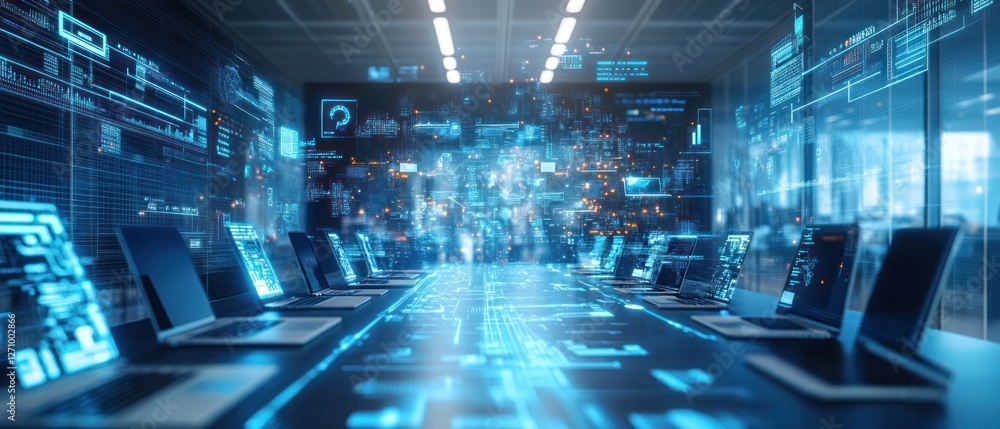 Poster futuristic conference room with digital screens displaying data and analytics in a corporate setting