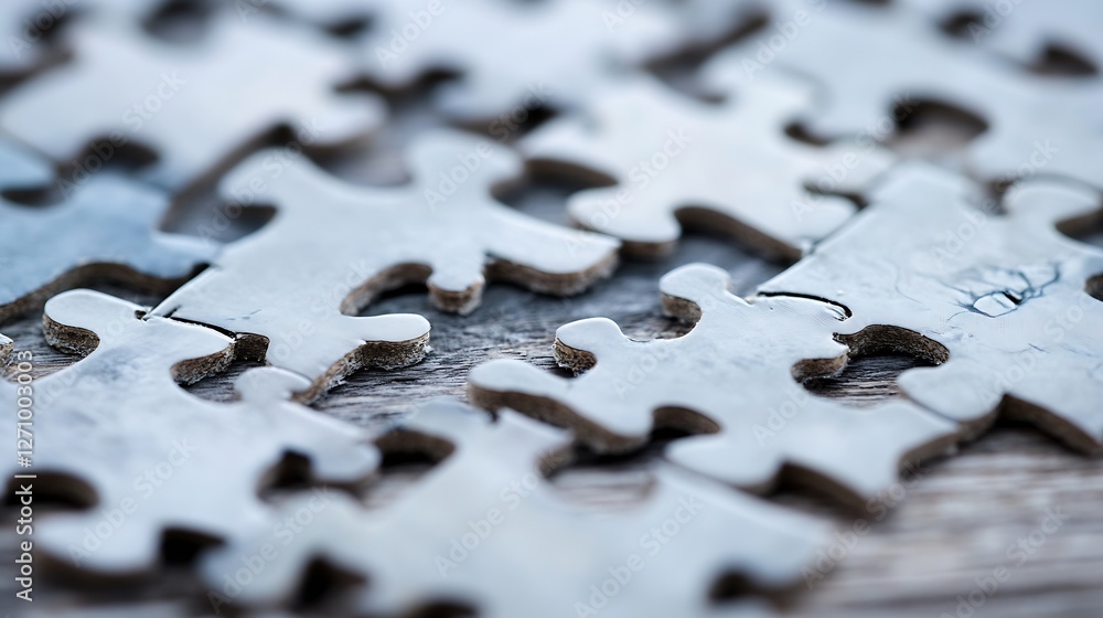 Poster CloseUp View of Interlocking Puzzle Pieces with Textured Surface on a Wooden Table Background : Generative AI