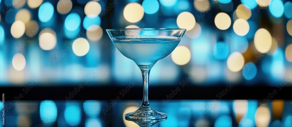 Poster a refreshing cocktail in a martini glass sits on a bar counter with a bokeh background.