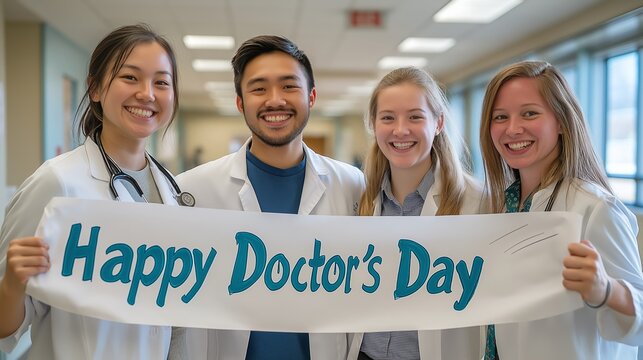 A diverse team of happy doctors in white coats holding a "Happy Doctor's Day" sign in a hospital setting. The image celebrates the dedication and hard work of medical professionals - Powered by Adobe