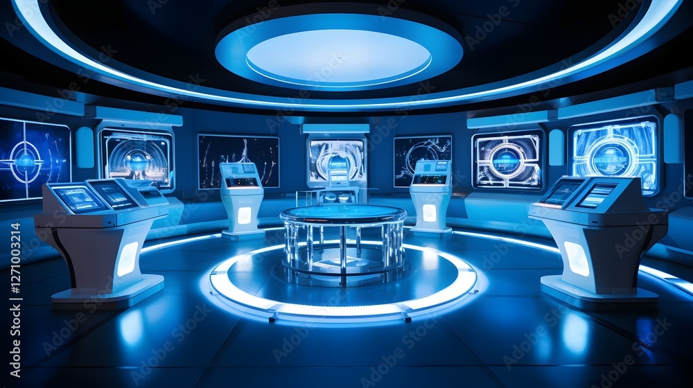 Poster sophisticated nuclear radiation detection lab with futuristic touchscreen displays and advanced moni