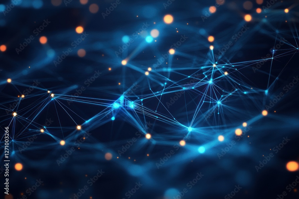 Poster abstract network connection, glowing nodes and lines on dark blue background.