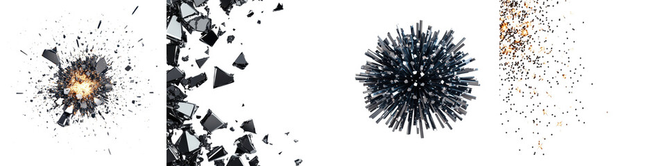 Abstract explosive shatter effect with dispersing debris fragments and shards creating a dynamic chaotic and visually striking composition  This image evokes a sense of raw power energy