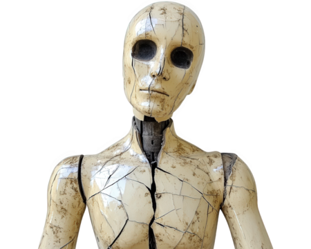 broken antique mannequin with cracked surface, evoking eerie atmosphere. Its hollow eyes and damaged features create haunting presence
