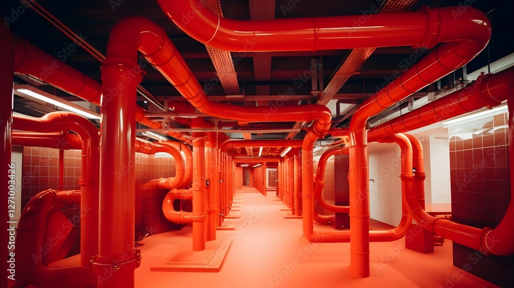 Poster intricate network of advanced ventilation pipes crisscrossing through a cutting edge technology faci