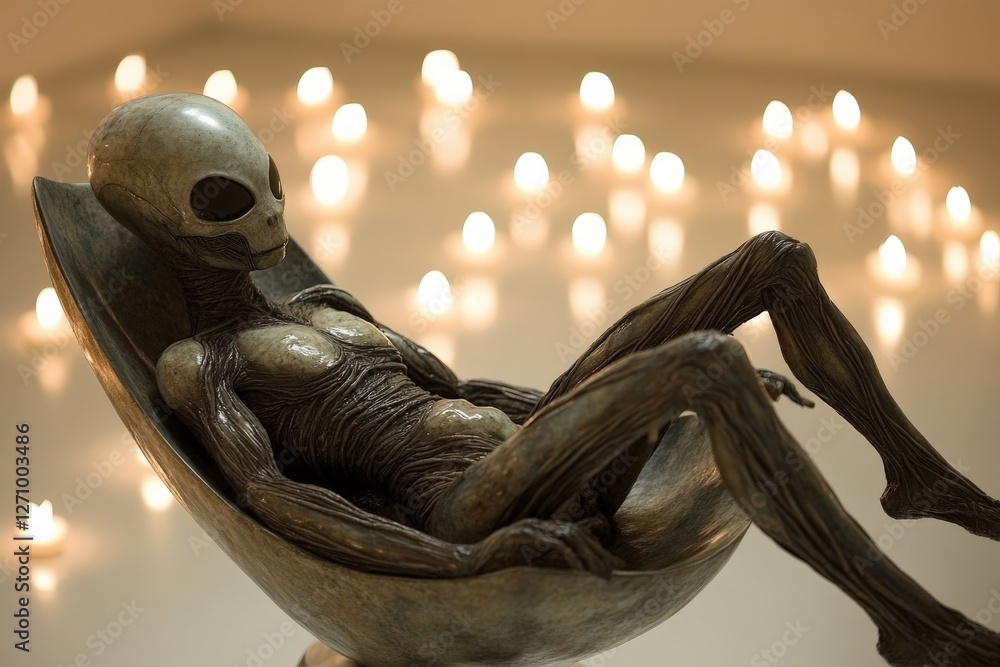 Poster sculpture of an alien figure in a serene setting surrounded by soft candlelight
