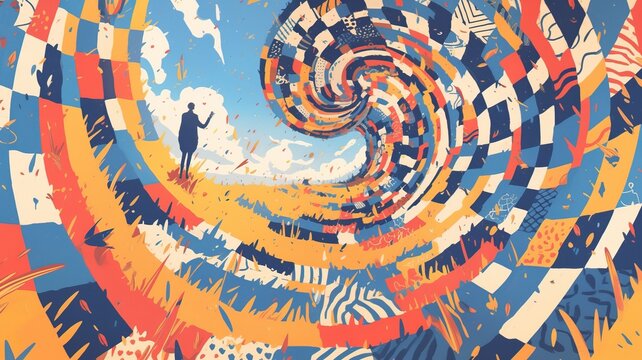 Man in suit explores surreal swirling landscape of color and pattern