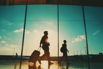 Silhouetted couple with luggage walks through airport terminal towards sunset.