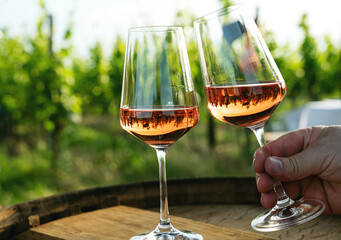 Glasses of rose wine on the vineyard scenery