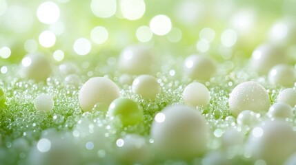 Fototapeta premium Sparkling white and green spheres on a soft green background.