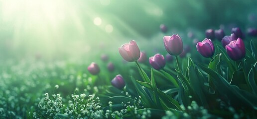 Sunlit purple tulips in a field of flowers.
