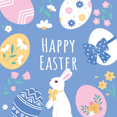 Happy Easter illustrations with a bunny eggs daffodils daisies and flowers