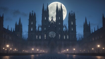 Obraz premium Majestic gothic cathedral silhouette under a full moon at night with glowing street lamps illuminating the courtyard