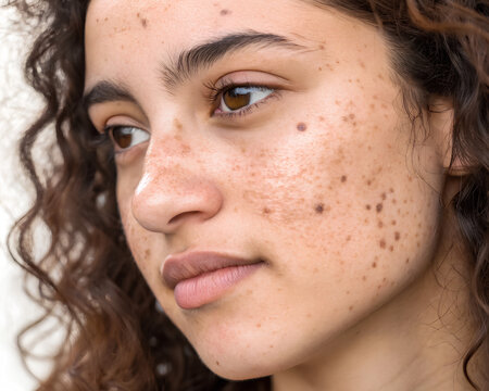 Close up - Young woman's face showing dark age spots and pigmentation issues, highlighting skin aging and dermatology concerns