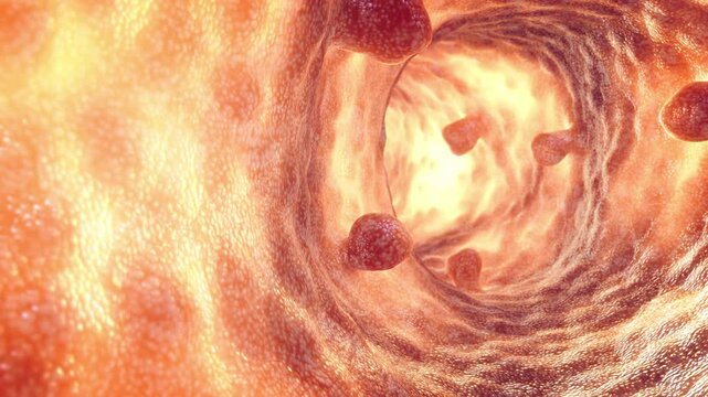 Colon polyps. Bening polyps forming on the intestinal lining. Most bowel polyps are harmless but some can become malignant and develop into cancer