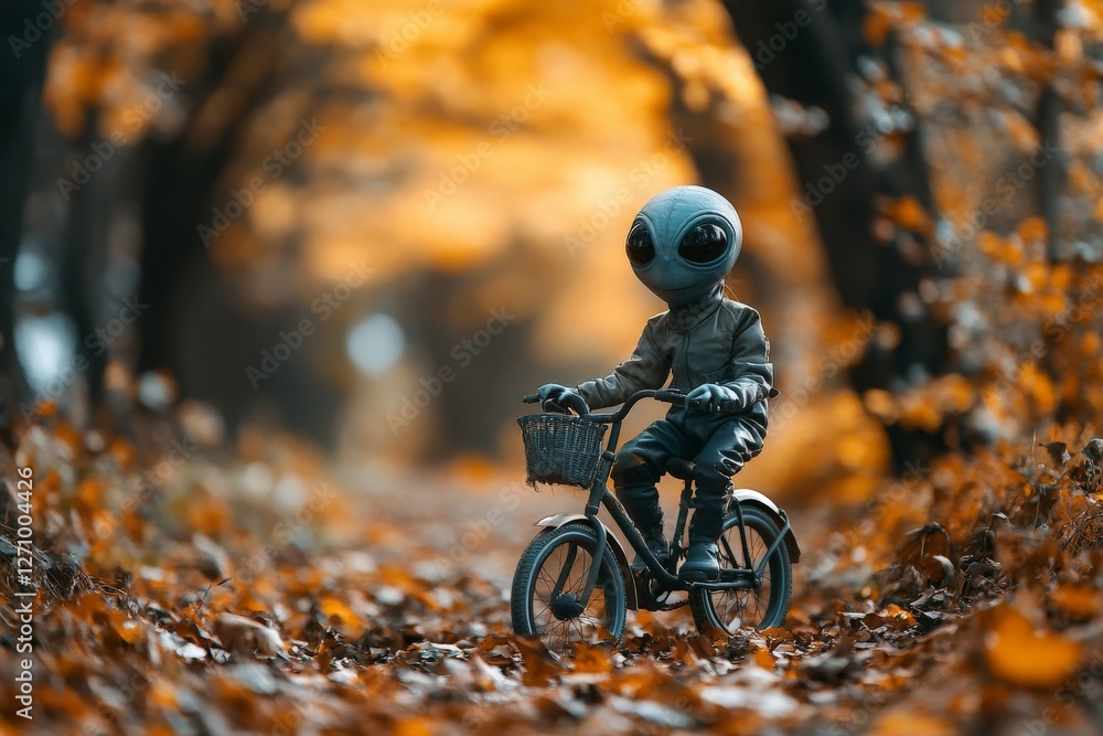 Poster alien character riding a bicycle through a colorful autumn forest path with fallen leaves
