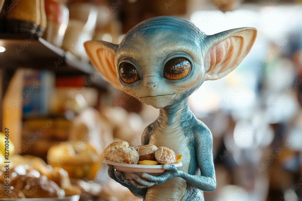 Poster cute alien character holds a plate of treats while exploring an eclectic shop filled with various it