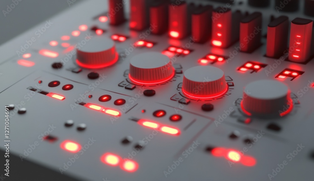 Aufkleber close-up of a white audio mixing console with illuminated red knobs and buttons.