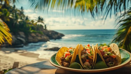 Obraz premium Delicious tacos on a plate, overlooking a tropical beach with turquoise ocean and palm trees.