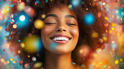 Smiling woman surrounded by vibrant confetti in a joyful celebration