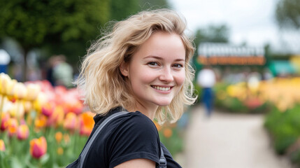 Blond woman in black t-shirt smiling enjoying vacation trip at tulip garden