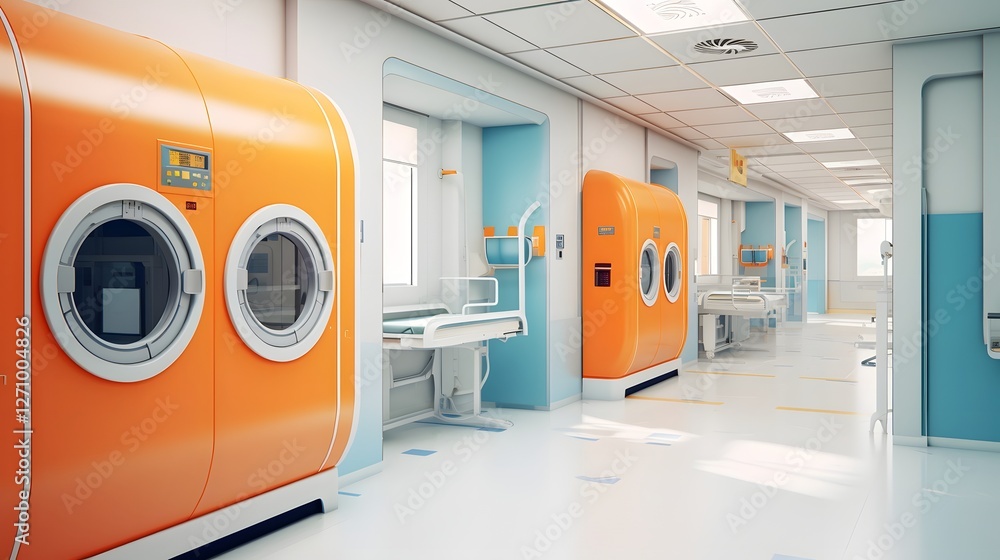 Poster cutting edge air ventilation system in a modern futuristic hospital setting featuring complex ductwo