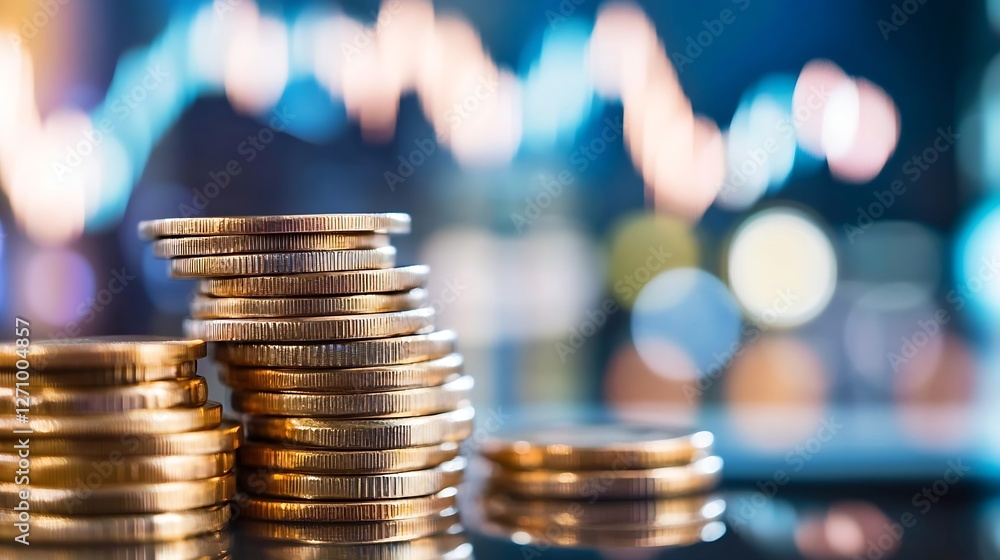 Poster closeup of stacked gold coins reflecting financial growth and investment opportunities with bokeh ef