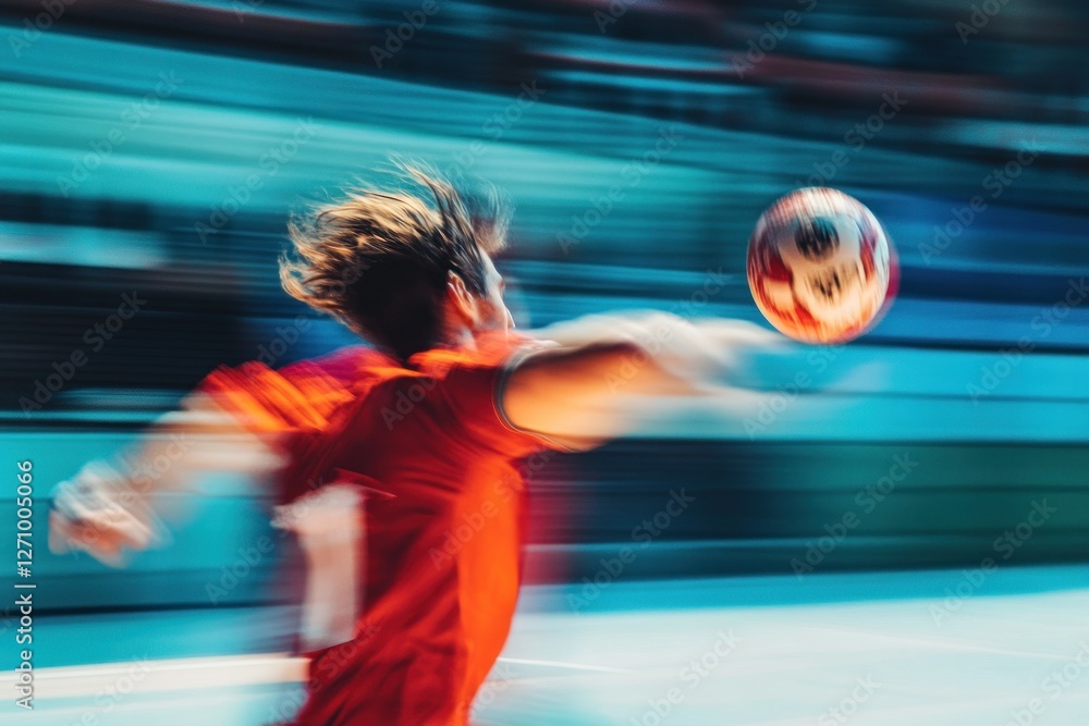 Poster motion blur image of a handball player in action, dynamically throwing the ball.