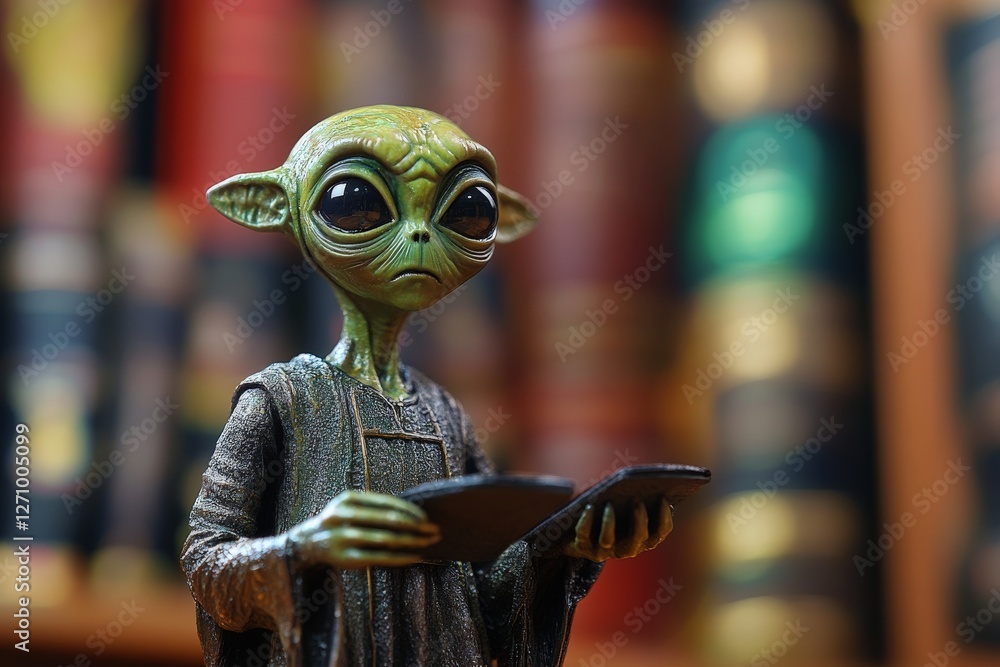 Poster alien figure studying in a library surrounded by ancient books and scrolls in a mysterious setting