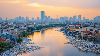 Fototapeta premium Plastic pollution concept. A polluted river reflecting a vibrant skyline at sunset, highlighting environmental issues.