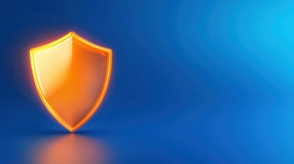 Fototapeta premium A glowing orange shield icon on a blue background, symbolizing protection and security.