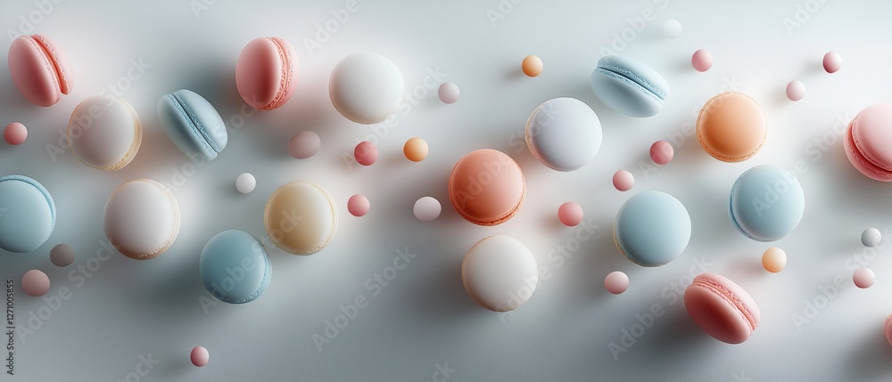 Poster flat lay of colorful macarons scattered on a light grey background. there are multiple macaroons of 