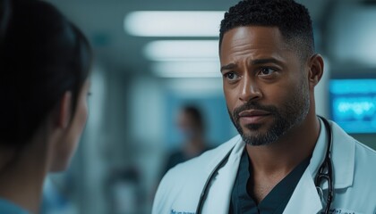Doctor discusses patient care with colleague in hospital corridor
