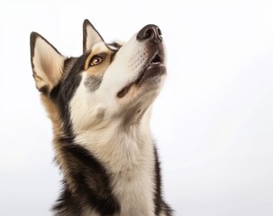 Curious Husky Dog Gazing Upward with Bright Eyes Under a Clear Blue Sky Surrounded by Lush Greenery Capturing the Spirit of Joy and Wonder